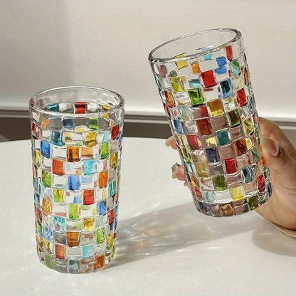 Hand-Painted Drinking Glasses Set – Colorful Square Lattice Woven Handcrafted Glass for Water, Juice, Whiskey & Beer