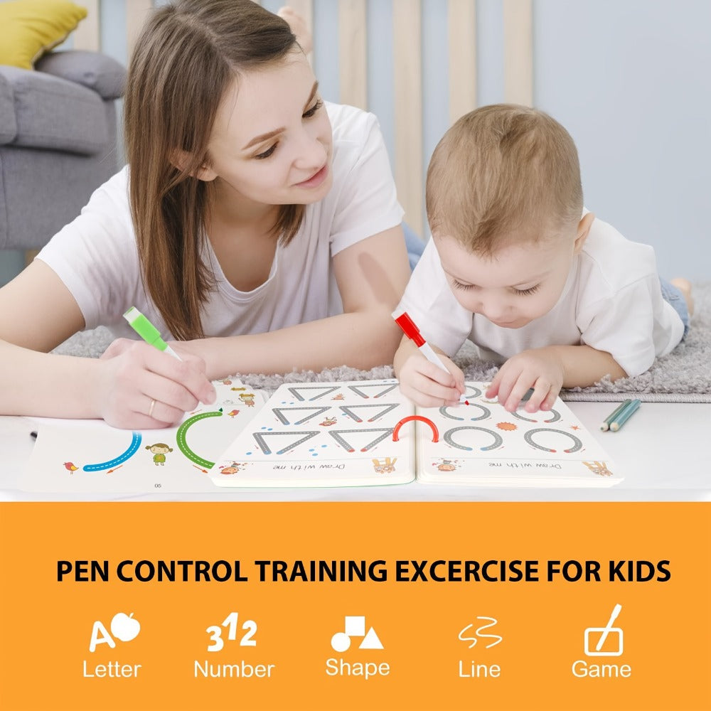 Wipe Clean Tracing Workbook for Kids – 64-Page Reusable Magic Exercise Book with 8 Color Pens & Eraser, Pen Control Writing Practice
