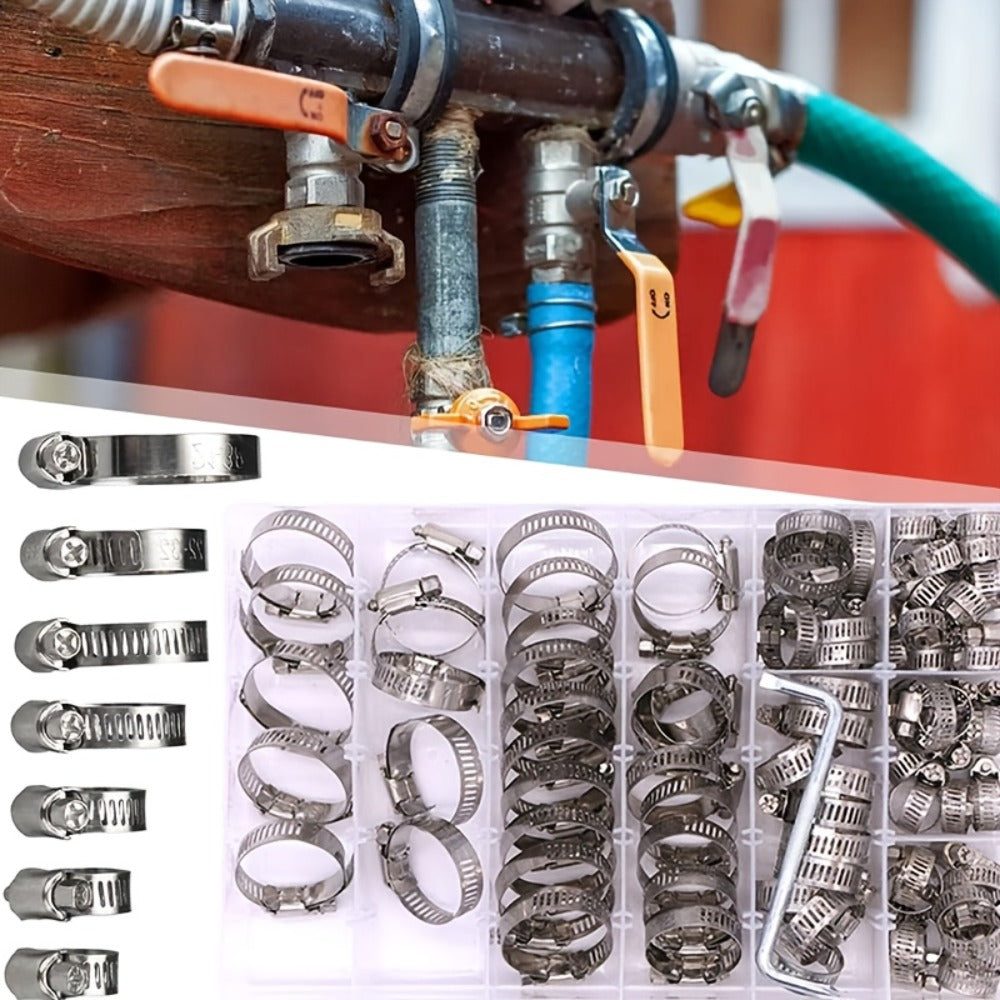 Stainless Steel Hose Clamps 100-Pack Assortment Kit – Multiple Universal Sizes Adjustable Hose, for Home Plumbing Maintenance and Repair