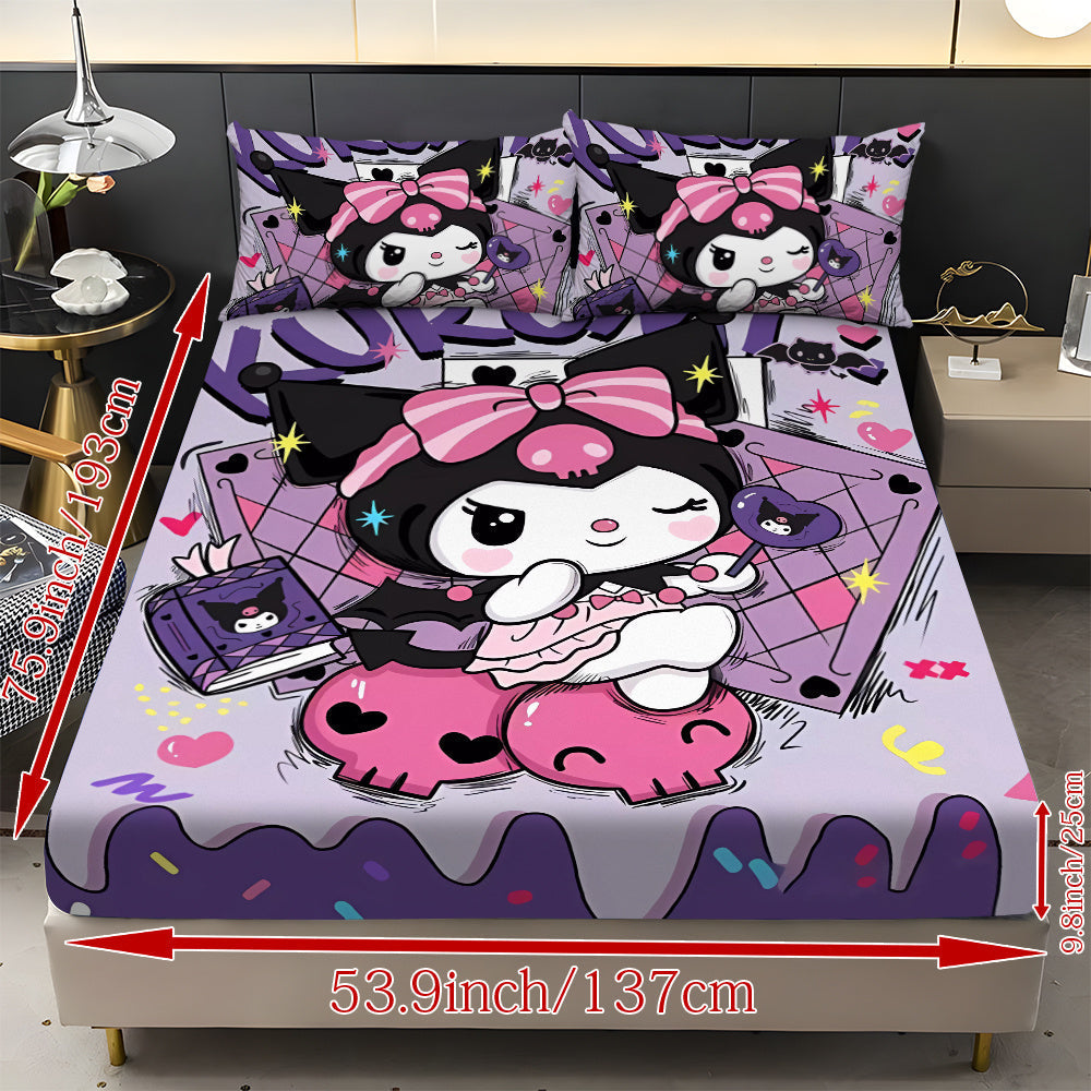 Sanrio Hello Kitty & Kuromi Bedding Set 3pcs, Fitted Sheet & Pillowcases, Polyester, Twin Full Queen King