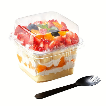 Disposable Dessert Cups 100pcs 8oz Square Clear Plastic with Lids & Sporks, Cake Cups for Pudding