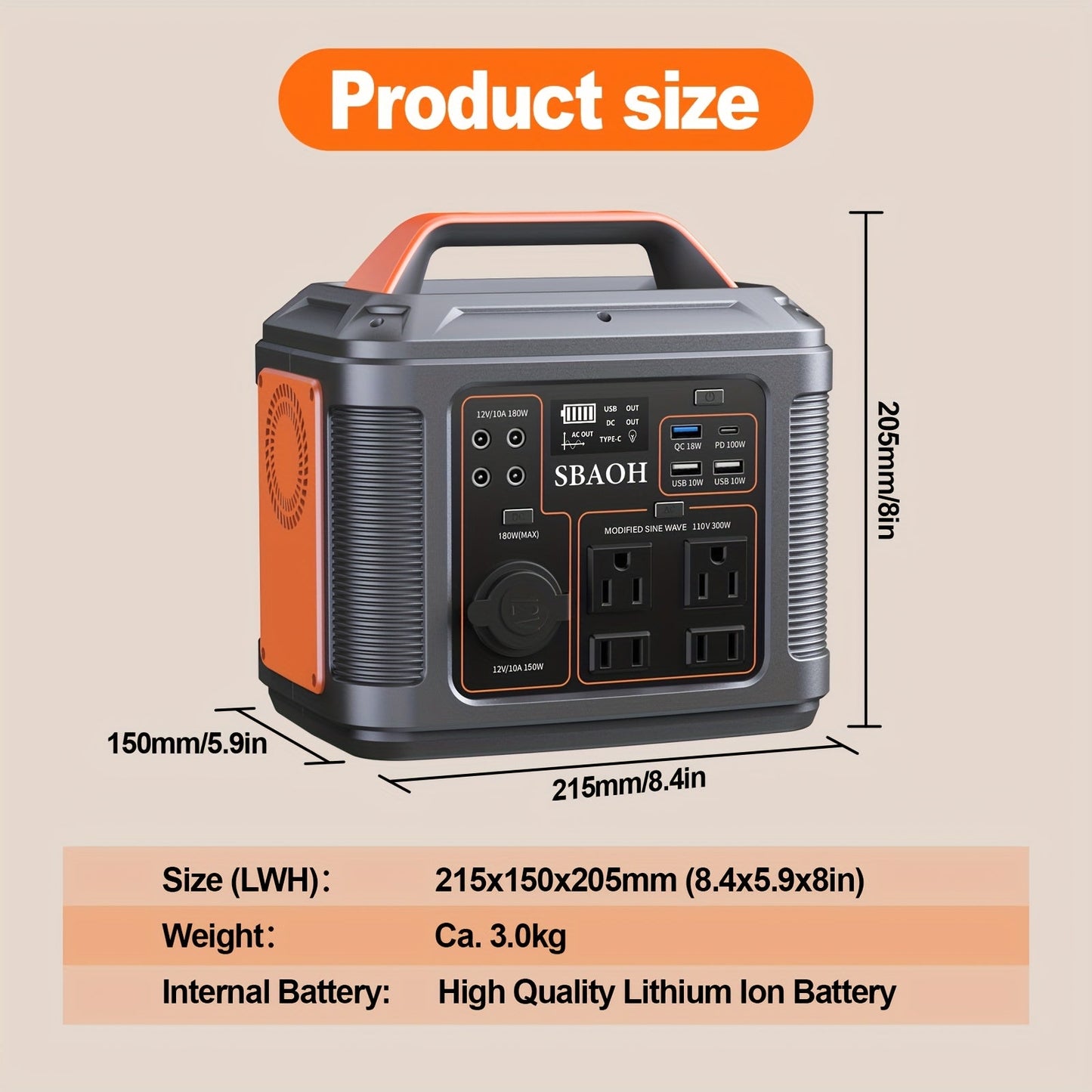 Portable Power Station 300W 296Wh – 13 Outputs, AC/USB-C PD100W/QC3.0/DC, LED Flashlight, for Camping, Road Trips