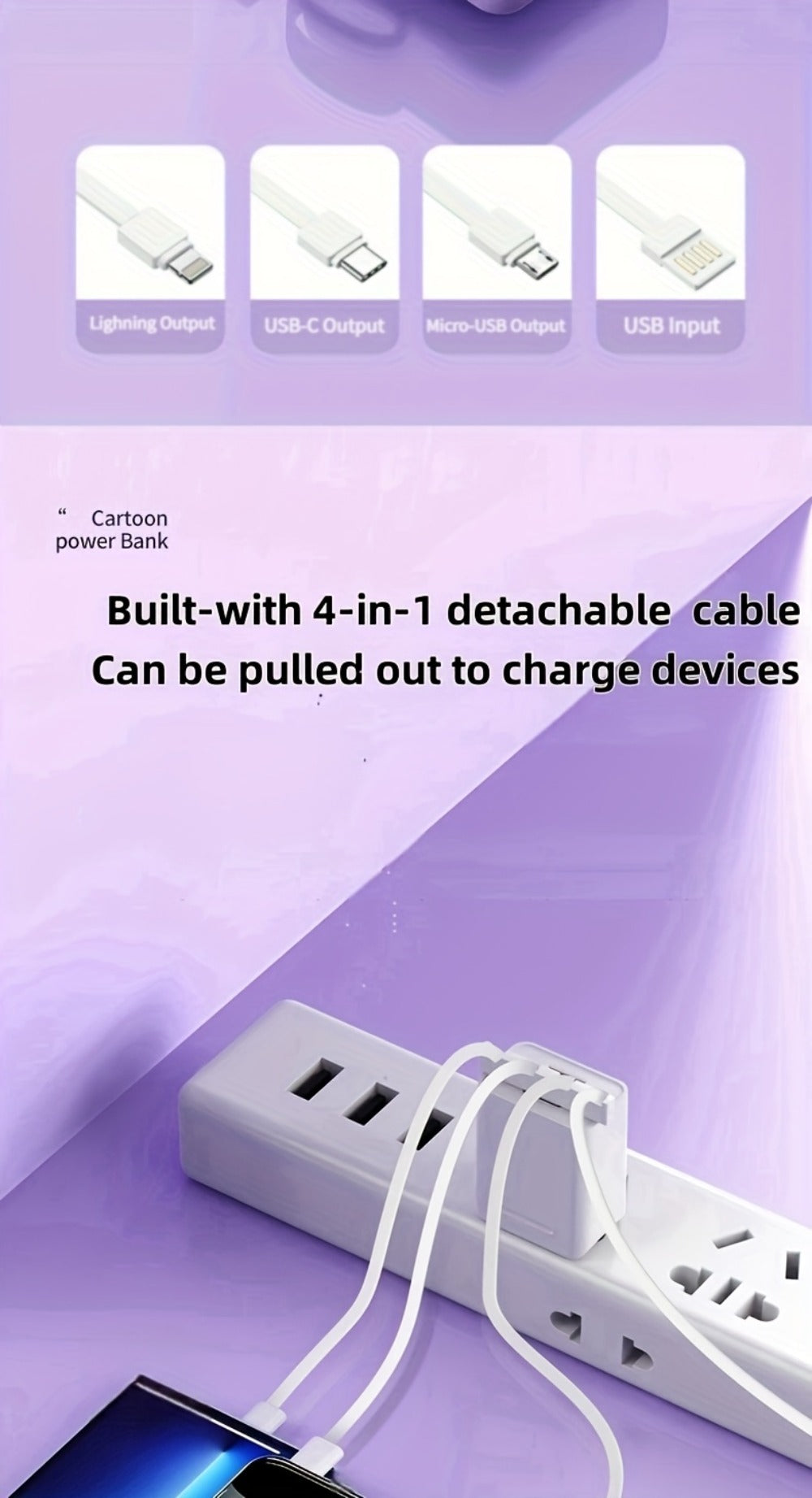 Power Bank 10000mAh with Built-In Cable Set, 5W/15W/22.5W selections, Display and Lanyard for Travel