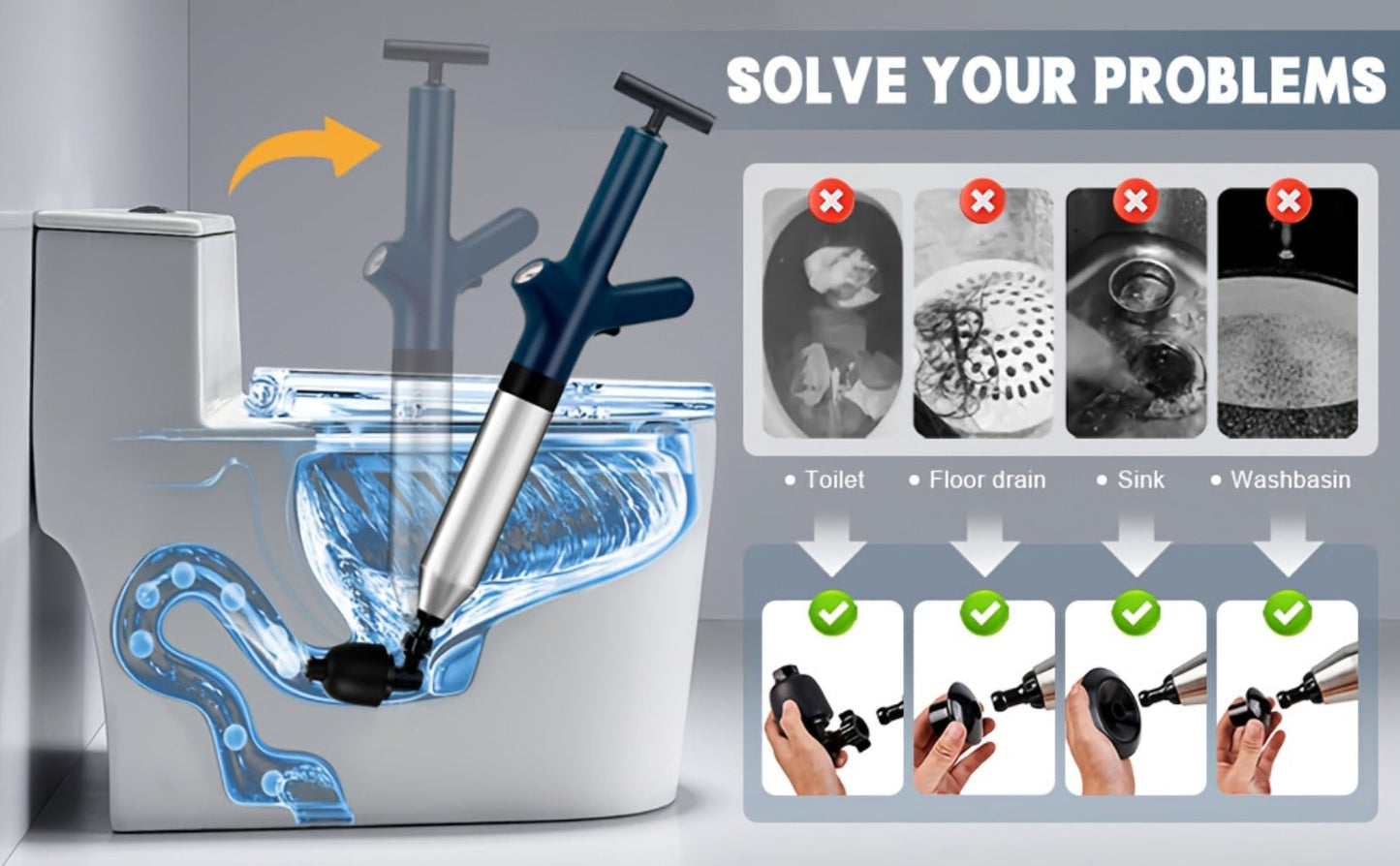 Toilet Plunger Set High Pressure Air Drain Unclogger - Stainless Steel Toilet Snake & Air Discharge Impactor for Clogged Toilet