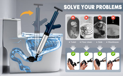 Toilet Plunger Set High Pressure Air Drain Unclogger - Stainless Steel Toilet Snake & Air Discharge Impactor for Clogged Toilet