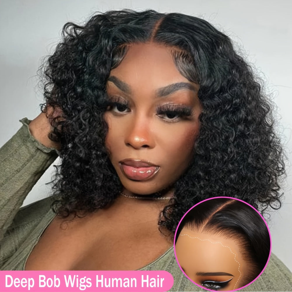 Glueless Bob Wig Human Hair 13x4 Pre Cut Lace 200% Density Wear and Go Deep Wave Body Wave Pre, for Home, Travel and Salon Hair Styling