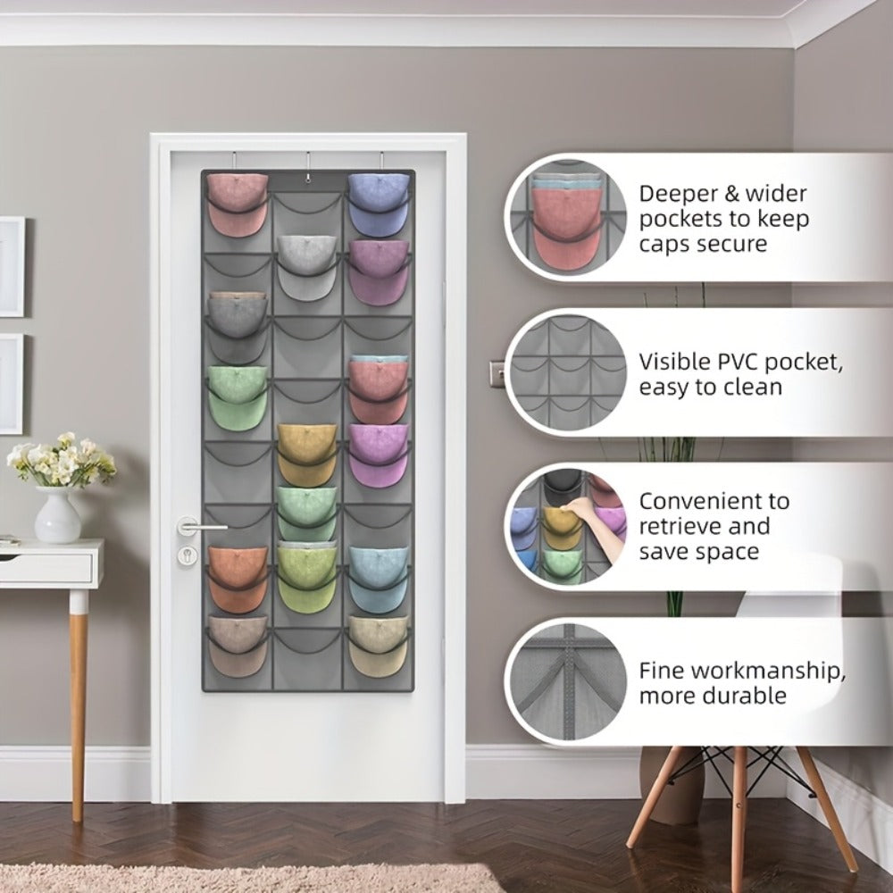 Over the Door Hat Organizer 24 Pocket - Baseball Cap Rack with Large Clear Pockets for Entryways, Bedrooms and Living Spaces