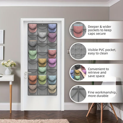 Over the Door Hat Organizer 24 Pocket - Baseball Cap Rack with Large Clear Pockets for Entryways, Bedrooms and Living Spaces