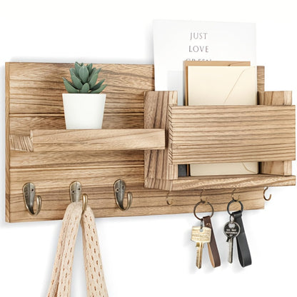 Wall Mounted Storage Rack with Mail Slot – Rustic Wood Floating Shelf with Hooks for Keys, Hats & Envelopes