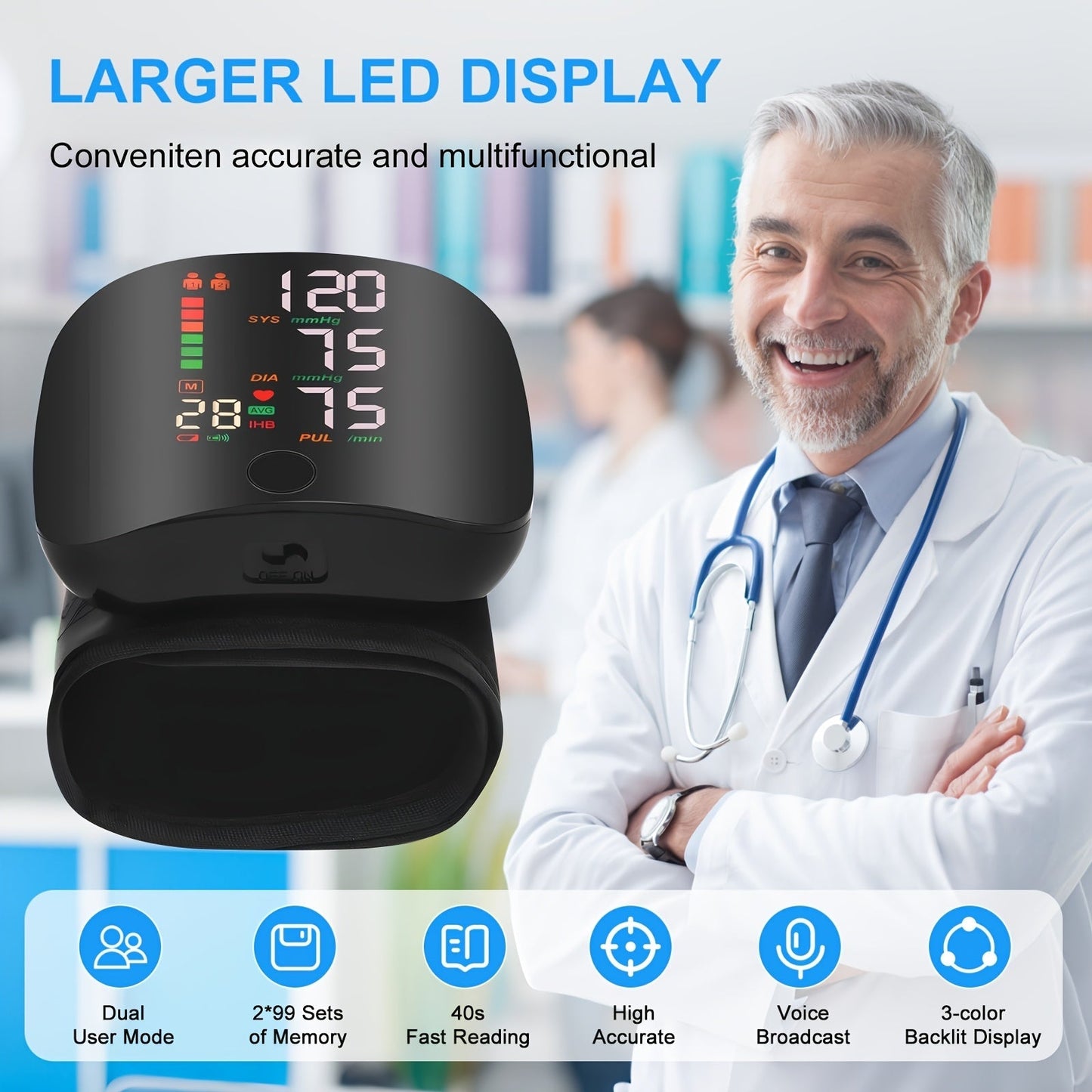 Blood Pressure Monitor for Wrist, USB-Rechargeable LCD Device with Voice and Dual-User Memory