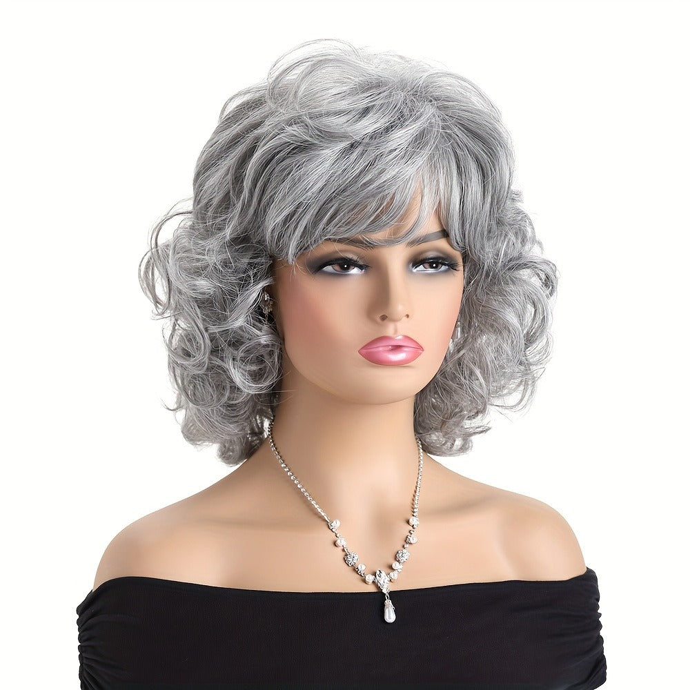 Synthetic Wig 14-Inch Short Curls with Slanted Bangs and Rose Net Cap in Three Colors for Daily Styling