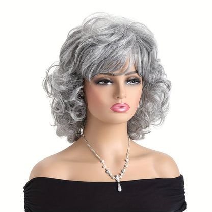 Synthetic Wig 14-Inch Short Curls with Slanted Bangs and Rose Net Cap in Three Colors for Daily Styling