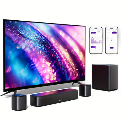 5.1 Surround Sound Bar System with Wired Subwoofer 2 Surround Speakers App Control for Bedside Audio, Alarms and Room Entertainment