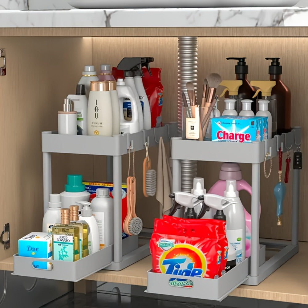 Under Sink Storage Organizer 2-Piece Double-Tier Sliding Basket with 8 Hooks in Four Color Styles