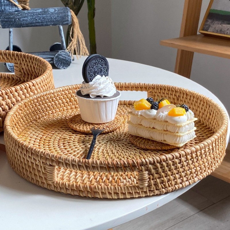 Serving Tray Basket – Hand-Woven Round Rattan Organizer for Fruits Bread Snacks, for Home Cooking, Dining and Outdoor Meals