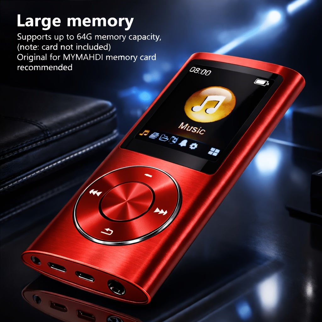 Aluminum-Alloy MP3 Player with 64GB Card Support, 1.8-Inch LCD, Earphones and Charging Cable in Red or Black