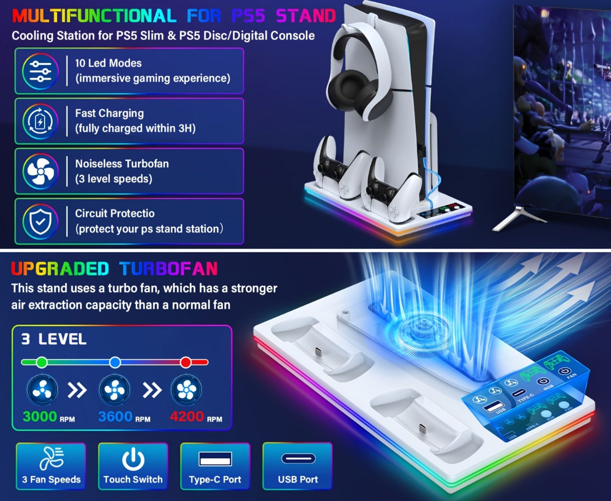 10 RGB Lights PS5 Cooling Stand with 3-Level Fan, Dual Controller Charging Station, USB Hub & Type-C Port
