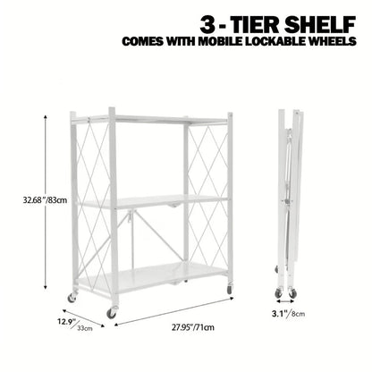 Three-to-Five-Tier Foldable Storage Rack with Carbon Steel Frame, Lockable Wheels and Three Colors