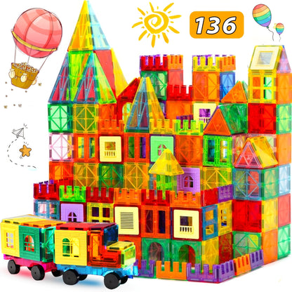 Magnetic Tiles Building Sets in 80, 106 or 136-Piece Options with Multicolor Translucent Shapes and Vehicle Bases