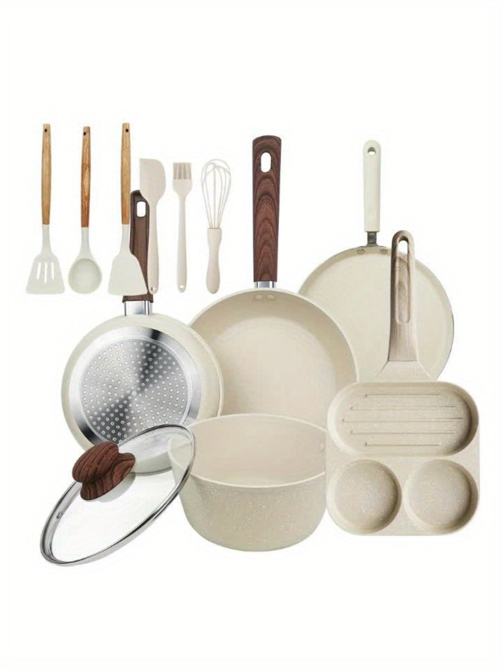 Cookware Set ABKOK 7-, 12- or 15-Piece Beige Pots and Pans with Lids, Steamer and Utensils