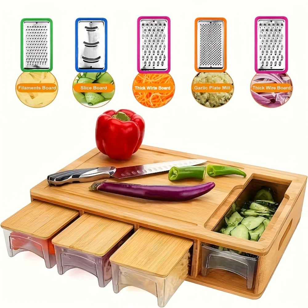 Bamboo Cutting Board with Food Container, Cheese Grater & Juice Groove – Large Wooden Chopping Board Set with Storage Box