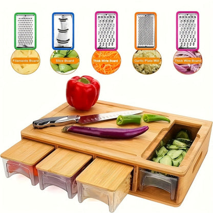 Bamboo Cutting Board with Food Container, Cheese Grater & Juice Groove – Large Wooden Chopping Board Set with Storage Box