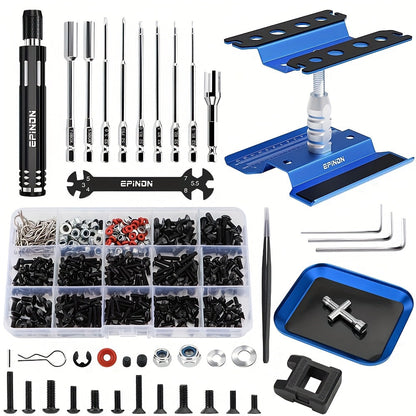 RC Car Maintenance Stand Tool Kit EPINON 360° Rotating Work Stand 520PCS Screw Set Aluminum Screwdriver Bits Compatible with 1/8 1/10 1/12