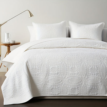 Coin-Pattern Quilted Coverlet Set with Pillowcases, Twin to King Sizes and Ten Color Choices