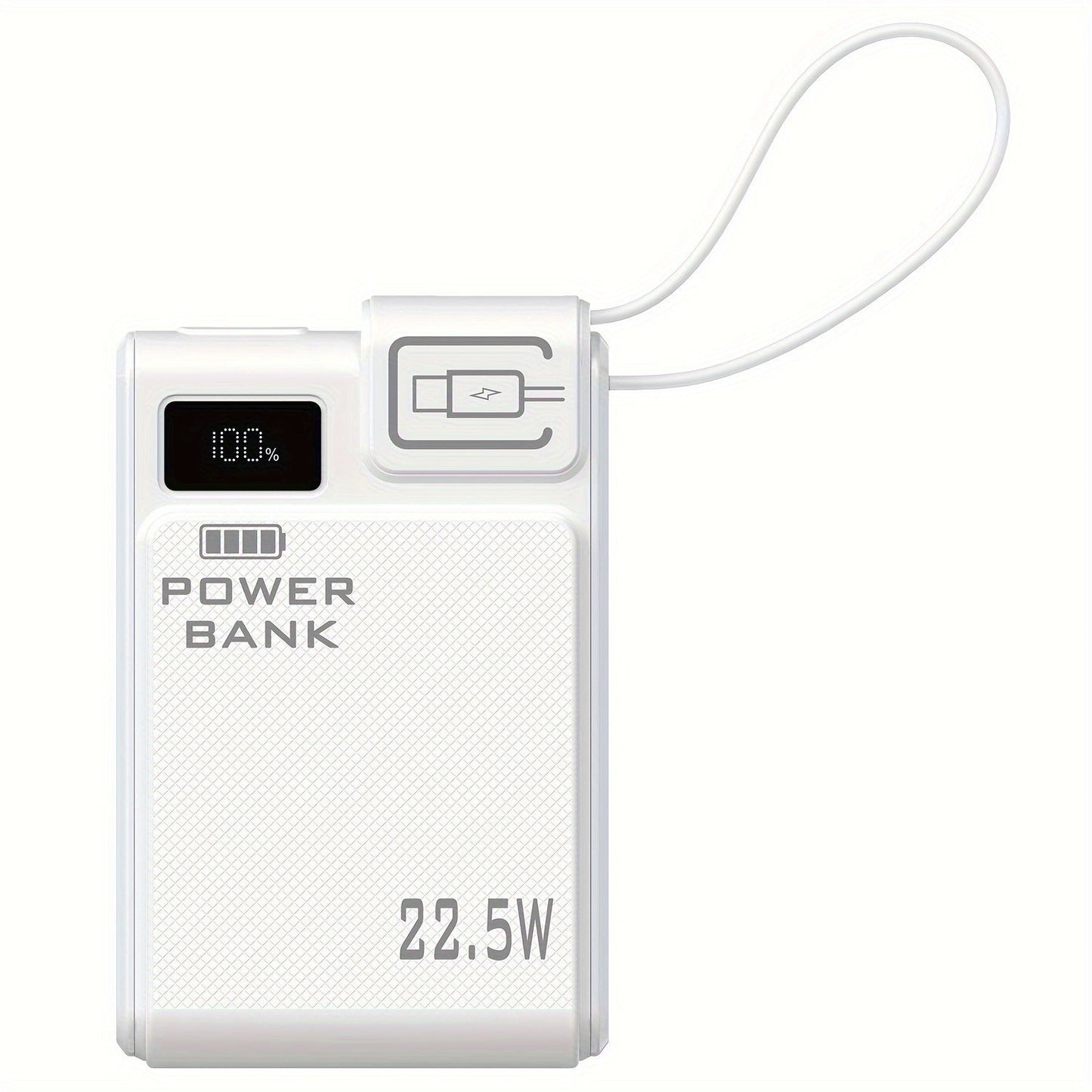 10000mAh Power Bank with 22.5W Label, Built-In USB-A and USB-C Cables, Three Outputs and Display