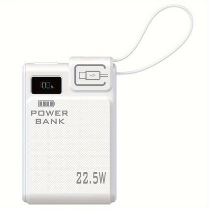 10000mAh Power Bank with 22.5W Label, Built-In USB-A and USB-C Cables, Three Outputs and Display
