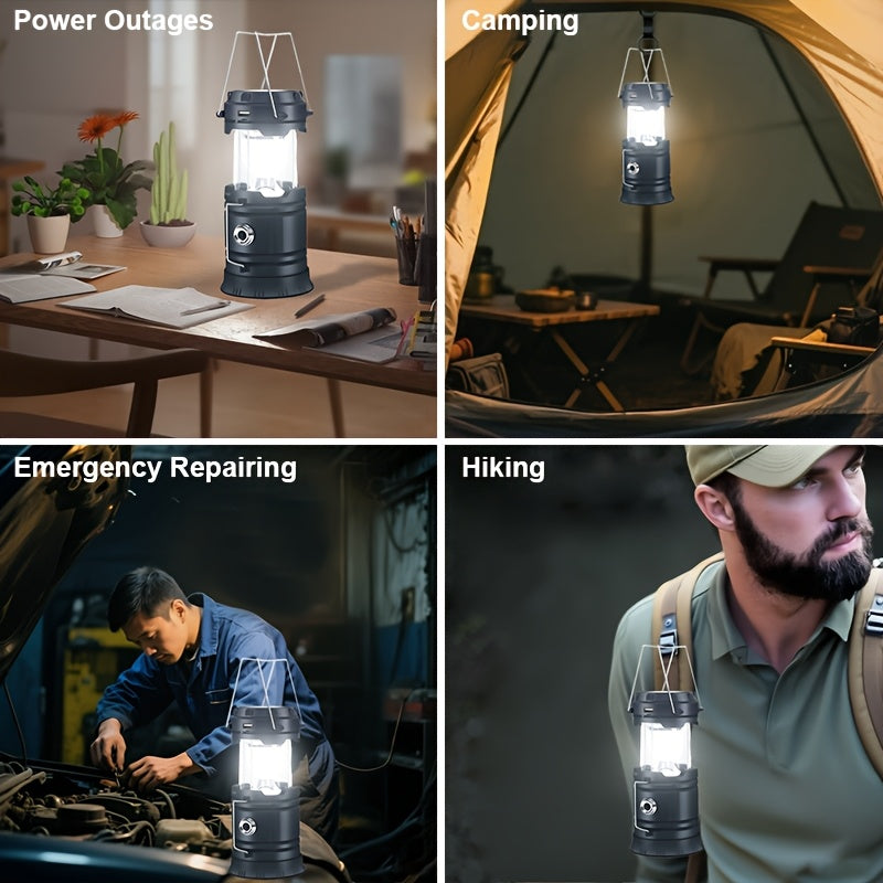 Retro Camping Lantern Four-Piece Set with USB Charging, Collapsible Body, Hanging Handles and Black Finish