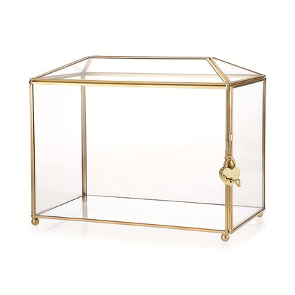 Wedding Card Box with Lock Glass Gold Transparent Slot Lid 10.2x5.9x8.3 In Holds 100 Cards for Wedding Baby Shower Birthday Party