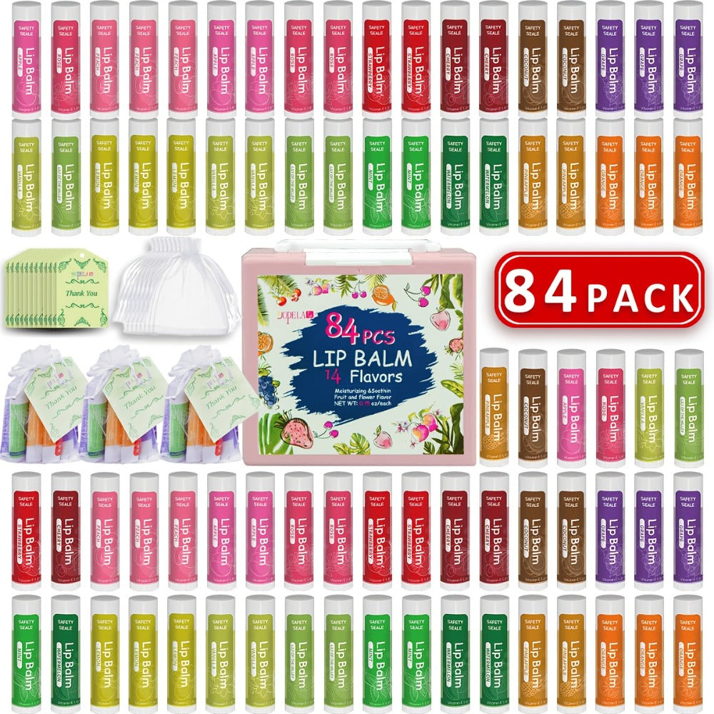 Lip Balm 84-Piece Bulk Set with 14 Flavors, 4.2g Twist-Up Tubes and Color-Coded Box Packaging