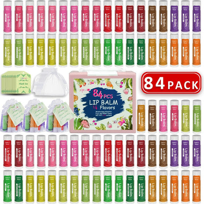 Lip Balm 84-Piece Bulk Set with 14 Flavors, 4.2g Twist-Up Tubes and Color-Coded Box Packaging