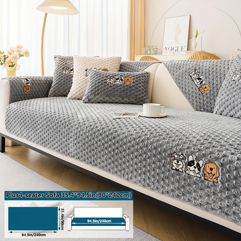 Sofa Cover, Honeycomb Velvet Animal-Embroidered Couch Pad with Backing Detail in Three Colors