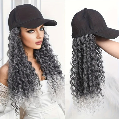 Afro Kinky Curly Baseball Cap Wig for Women 18 Inch Hat and Wig Combo Adjustable Elastic Net Long Synthetic Curly Hair Multi-Color Casual