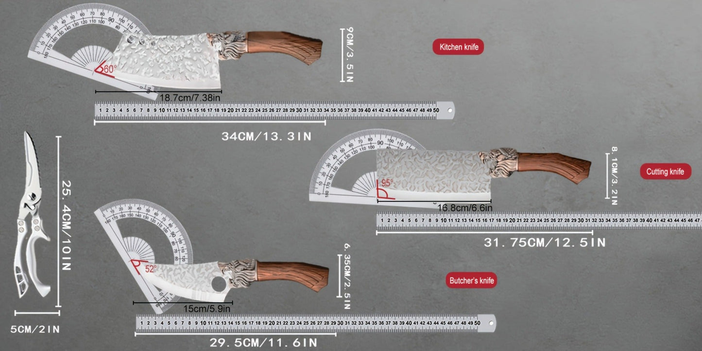 Seven-Piece Kitchen Knife Set with Six Hammered Silver Blades, Scissors and Wood-Look Handles