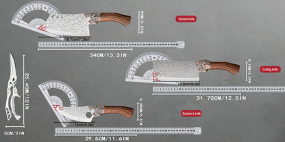 Seven-Piece Kitchen Knife Set with Six Hammered Silver Blades, Scissors and Wood-Look Handles