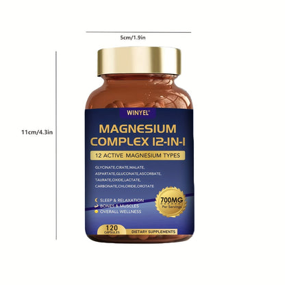 Magnesium Complex 700mg 12-in-1 120 Capsules with Glycinate, Citrate, Malate & Taurine for Sleep