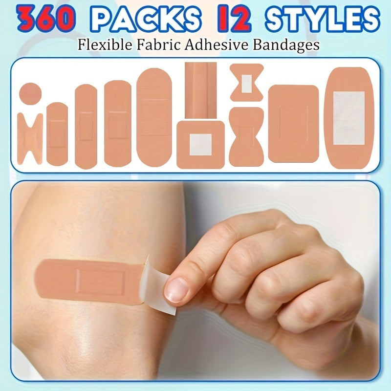 Assorted Adhesive Bandage Set with 180 or 360 Pieces, Twelve Shapes and Skin-Tone Fabric Strips