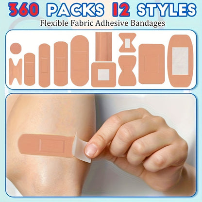 Assorted Adhesive Bandage Set with 180 or 360 Pieces, Twelve Shapes and Skin-Tone Fabric Strips