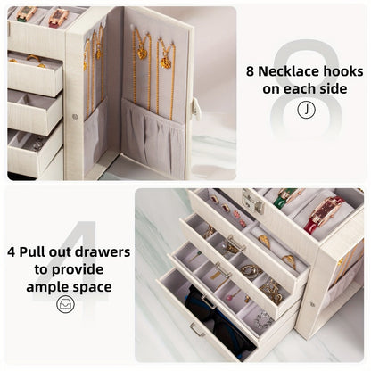 Jewelry Box, Five-Tier PU-Leather Organizer with Built-In Mirror, Key Lock and Three Color Options