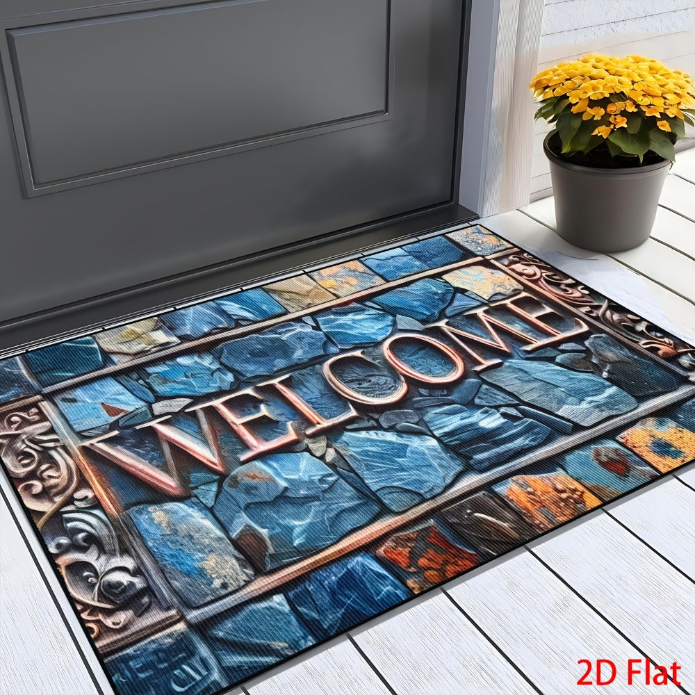 Blue Mosaic Stone Welcome Doormat in 40 x 60 or 50 x 80cm Rectangular Size Options Pictured