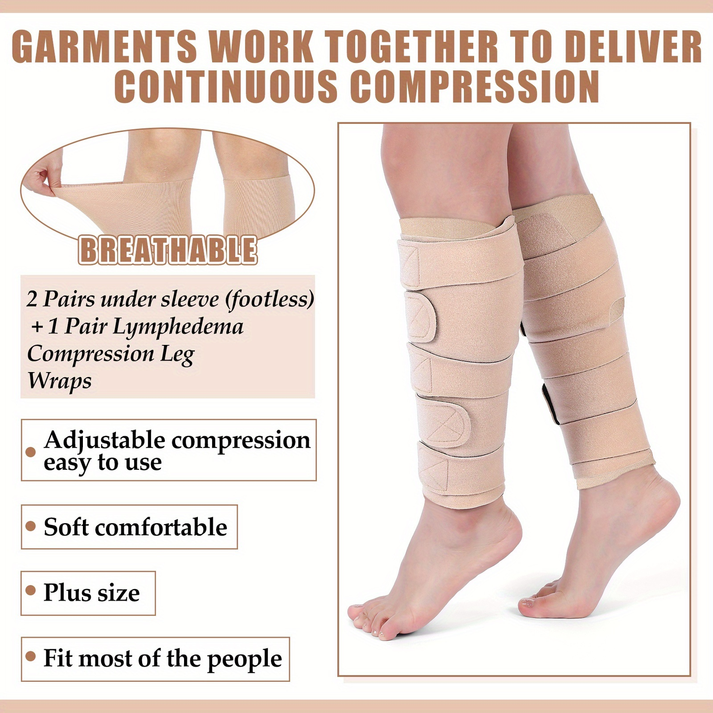 Compression Leg Wraps 3 Pairs – Adjustable Lower Leg Wrap for Lymphedema, Shin Splints & Calf Support, Breathable Non-Slip Compression