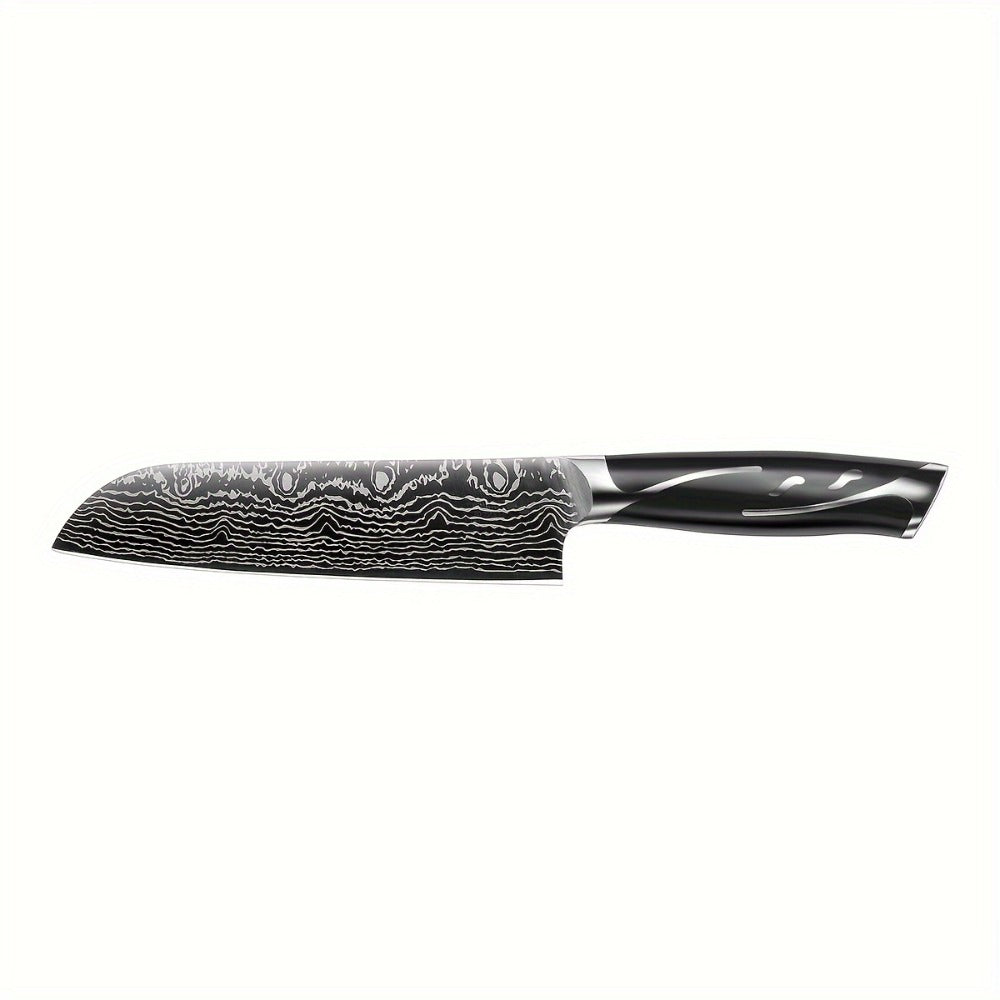 Kitchen Knife Set 7-Piece Damascus-Pattern Stainless Steel with Four Knives, Shears, Honing Rod and Rotating Block