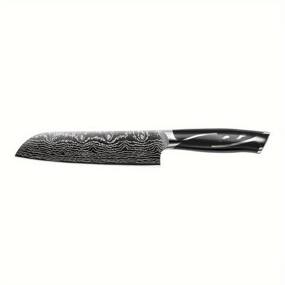 Kitchen Knife Set 7-Piece Damascus-Pattern Stainless Steel with Four Knives, Shears, Honing Rod and Rotating Block