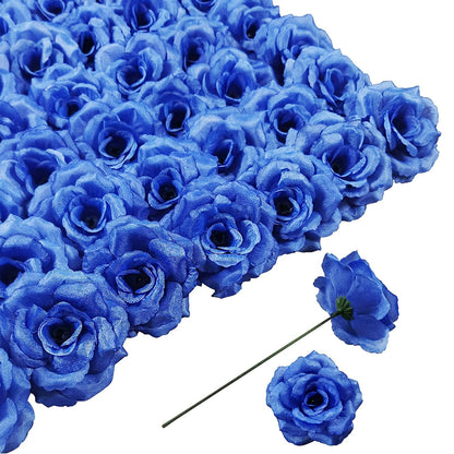 Artificial Rose Heads with Stems, 50-Piece Silk-Labeled Set in Champagne, Silver, Pink, Wine Red, Blue or Orange