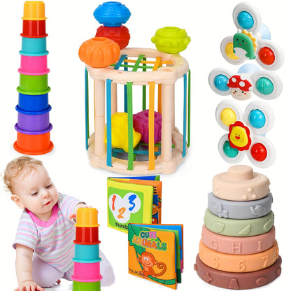 Sensory Stacking Toy Set 3-in-1 for Toddlers & Babies, Hand-Eye Coordination & Fine Motor Skills Activity Kit with Cloth Book