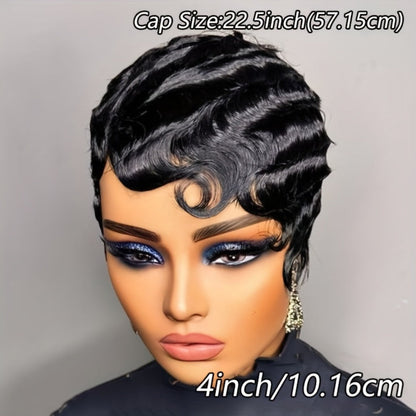 4-Inch Finger Wave Pixie Human Hair Wig with 180% Density, Rose Net Cap and 1B or 613 Color