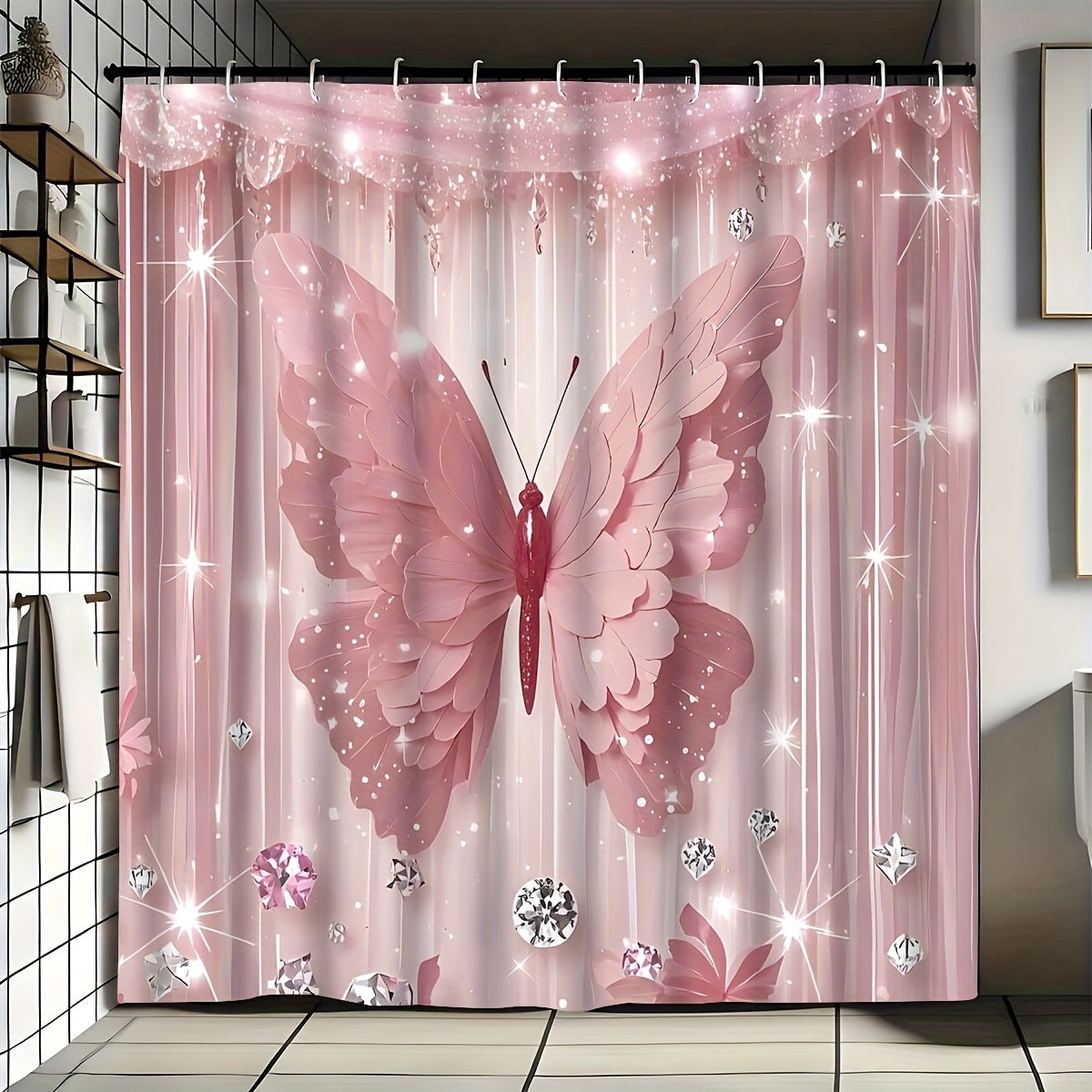 Butterfly-Print Shower Curtain with Four Colors and Single-Curtain or Four-Piece Bathroom Set Options